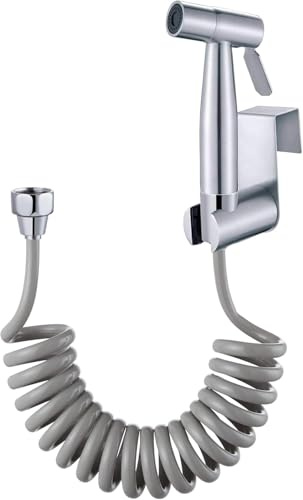 Premium Handheld Bidet Sprayer, Chrome Plated Metal, Coiled Hose Design, Bathroom Toilet Attachment