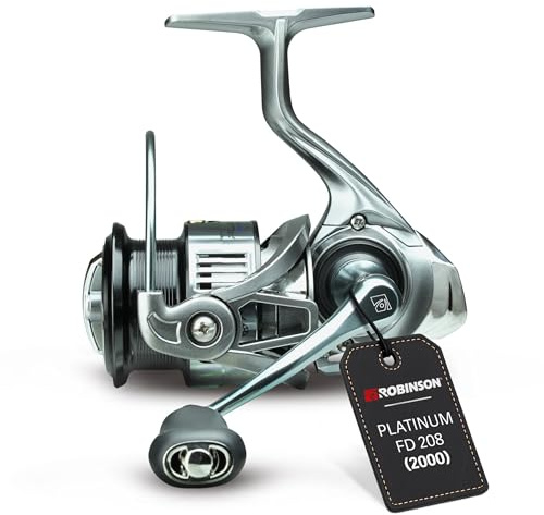 Robinson Angelrolle mit 8 Kugellagern - Rücklaufsperre - Graphitgehäuse - Aluminiumspule - 5.2:1 Übersetzung - 8kg Bremskraft - nur 240g Spinnrolle - Platinum (2000)