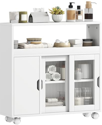 HOMCOM Mueble de baño Estrecho con Ruedas y Puertas correderas de Vidrio Templado, Mueble de baño Ahorra Espacio con estantes Ajustables, para Comedor, salón, Sala de Estar, Cocina, 71 x 20 x 70 cm,