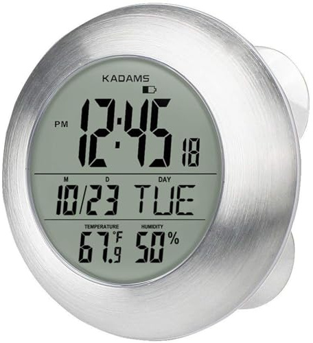 KADAMS Bathroom Shower Digital Wall Clock 9.5'' Kitchen Clock Calendar Water Resistant - Large LCD Screen - Temperature & Humidity Display - Thoughtful Gift for All Ages (Silver)