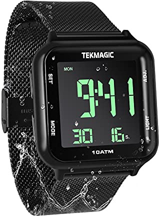 TEKMAGIC 100m Waterproof Luminous Scuba Diving Watch with Stainless Steel Watch Strap, Support Stopwatch, Alarm Clock and Backlight Functions, Dual Time Display, 12/24 Hour Format