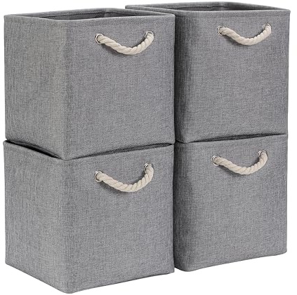 Mangata 30x30x30cm Cube Storage Boxes 4Pcs Gray Foldable Organiser Baskets | Reinforced Metal Rim, Washable Lightweight Fabric Organisers Fits Standard Cube Shelving, Wardrobe & Cupboard Storage