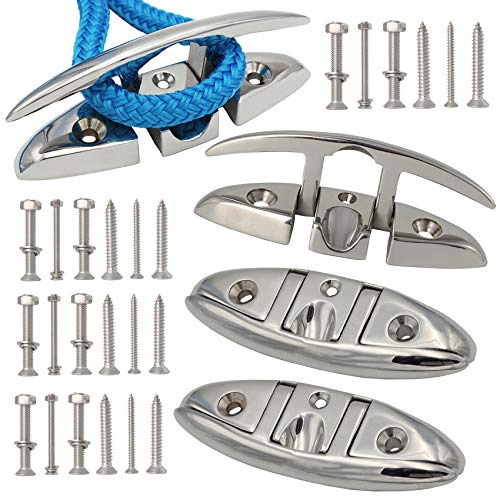 VEITHI 316 Stainless Steel Boat Folding Cleat 5 inch, Flip up Dock Cleat for Deck and Boat, Boat Tie Down Cleats Dock Cleats Folding Cleat Rope Cleat Pop Up Cleat Boat Cleats with Fasteners (4 Pack)