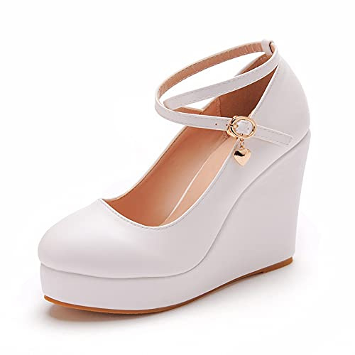 Scarpe da Sposa Classiche per Zeppe da Donna, Scarpe da Sposa con Plateau con Punta Tonda E Décolleté da Sera per Feste,Bianca,38 EU