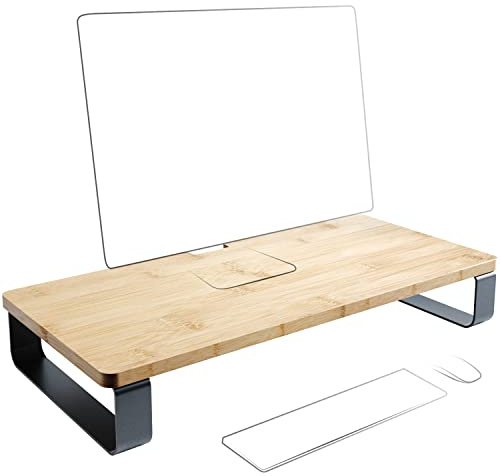 KD Essentials – Support pour moniteur et rehausseur d’écran en bambou et métal (surélève l’écran et améliore l’ergonomie sur le bureau, rangement pour le clavier et la souris, bois clair/noir)