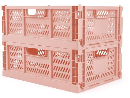 Domiella Confezione da 2 cassette portaoggetti in plastica, impilabili, pieghevoli, per ufficio, casa, cucina, camera da letto, bagno (grandi, rosa)