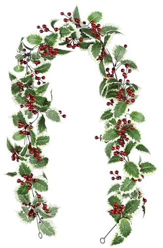 Famibay Red Berry Christmas Garland Artificial Holly Leaves Christmas Berry Garland Xmas Hanging Vine Plant for Fireplace Door Stairs Window Indoor Outdoor Decoration 170cm/5.58Ft