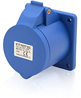 Intratec CEE Starkstrom Einbausteckdose gerade, 32 A, 3-polig – Industriestecker für Innen- und Außenbereich, Einspeisesteckdose IP44, 230 V, SB, RoHS, Reach, Blau/Grau