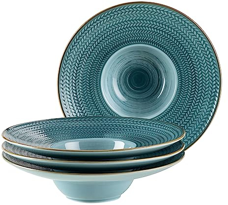 MÄSER Prosepero, Pastateller Set aus 4 handbemalten Tellern in Gastronomie-Qualität, ideal auch als Suppenteller, moderner Vintage Stil, Blau,