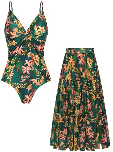 GRACE KARIN Women's One Piece Swimsuits with Cover Up Skirt Tummy Control V Neck Bathing Suits Dark Green Floral Medium