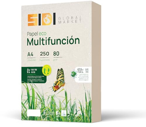 Papel Reciclado, Papel din A4, Paquete de Folios A4 80gr, Hojas para Fotocopias e Impresora, 250 Folios A4 100% Fabricado con Reciclado · SIDI (1 paquete)