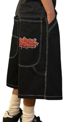 ORANDESIGNE Pantaloncini di Jeans Bermuda Uomo Larghi Stile Baggy Blu Jeans Loose Fit Baggy Jean Short Summer Tasche Y2K Baggy Jean Shorts Harajuku Streetwear I Nero XS