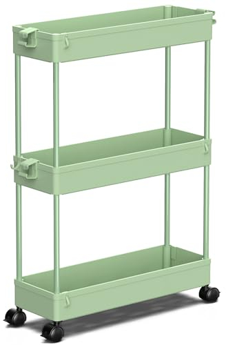 SPACEKEEPER Schmaler Rollwagen, 3 Etagen, Badezimmer-Organizer, Allzweckwagen, Waschküchen-Organisation, mobiles Regal für Küche, Bad, Büro, Schlafzimmer, schmale Orte, grün