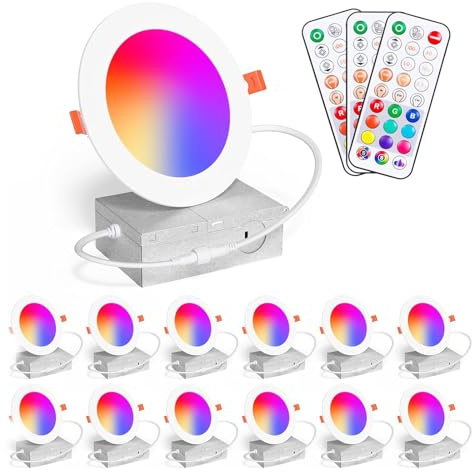 Recessed Lighting 4 Inch RGBCW Color Changing 12W LED Downlights with Junction Box,1080Lumens Canless LED Recessed Ceiling Lights Dimmable by Remote Control,Memory,Timer,Delayed Off,3 Modes, 12Pack