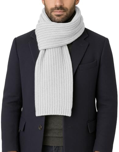 CLASSE77 - Sciarpa lavorata a maglia in lana - Stile maglia inglese a coste - Unisex - Artigianale, Made in Italy (Grigio perla)