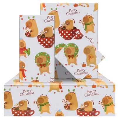 Capybara Julomslagspapper för barn pojkar flickor, DLovely Capybaras juldjur presentpapper 4 ark vikta platta 50 x 70 cm per ark julpapper för nyår jul vinter semester