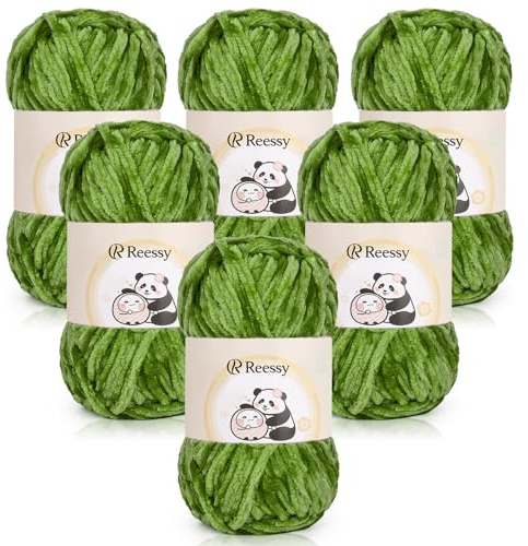 Reessy Chenille Yarn 600g, Chunky Chenille Yarn for Crochet&Knitting-Green | Super Soft Fluffy Velvet Yarn, Chunky Knitting Wool Thick Yarn for Crochet Blanket, Amigurumi, Handbag, Hat, DIY Crafts