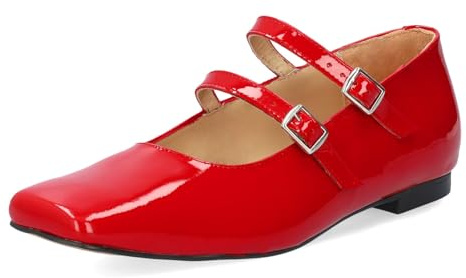 Andrés Machado - Ballerines Plates Mary Jane Femme en Vernis Noir - Modèle Ivette - Bout carré avec Brides et Boucle latérale - Fabriquées en Espagne - Verni Rouge, EU 35