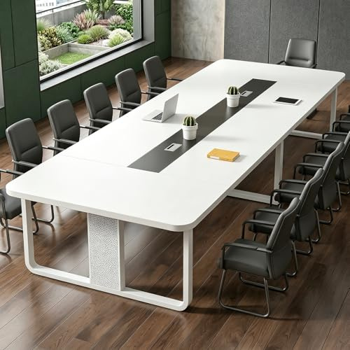 POPICK Tavolo da Conferenza Grande per Ufficio e Sale Riunioni, Tavolo Riunioni Ufficio Moderno con Gestione Cavi e Gambe in Metallo, Solo Tavolo Senza Sedie(Bianco,350 * 120 * 74cm)