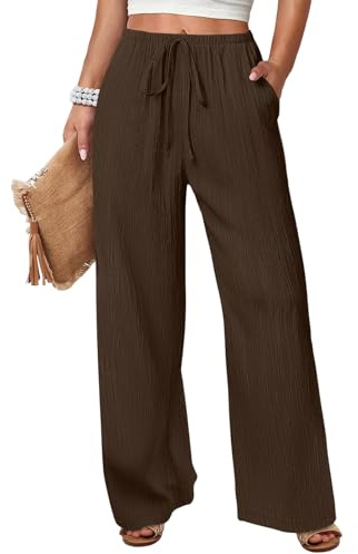 uxxnjfg Pantaloni Lino Donna Estivo Taglie Forti Pantaloni Donna Estivi Leggeri Larghi Lunghi Vestiti Freschi Palazzo Gamba Larga Curvy Abbigliamento Eleganti Estivo Marrone XL