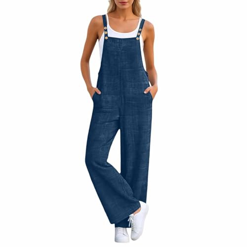 Salopette Jean Femme Ete Fluide En Coton Combinaison De Yoga Sans Manches Jambes Larges Pantalon 7/8 Avec Poches Jumpsuit Long Coupe Ample Respirante Vacances Streetwear Chic Salopettes Bretelles