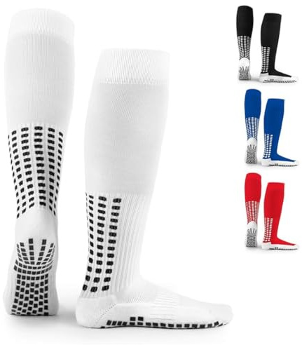 LUX SPORTS Men’s Anti Slip Knee White Football Socks - One Size UK 5.5-11 Knee-High - Non-Slip Dual Grip Sports Socks for Football, Hockey & Basketball