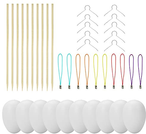 50 Deko-Eier Ostern [6 cm, Kunststoff] + 50 Aufhänger für Ostereier + 10 Schaschlik-Spieße fürs Marmorierenzum oder malen, Osterdekoration