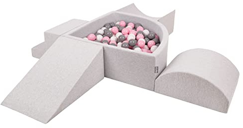 KiddyMoon Skumlekplats för barn med kvartal vinklad bollhav (200 bollar) hinderbana, ljusgrå: vit/grå/puderrosa