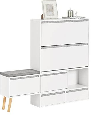 SoBuy FSR134-W Banco Zapatero Mueble para Entrada con Banco móvil 2 Cajones y 2 Solapas y Armario de Entrada Blanco 124-92 x 24 x 126 cm ES