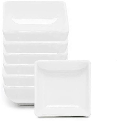 VIRSUS 6 Ciotole in Melamina 8163, colore BIANCO, misura 7,5x2,7 cm, Coppetta anti urto, Riutilizzabile, Impilabile, per salse, soia, piccoli dessert, finger food (Quadrata)