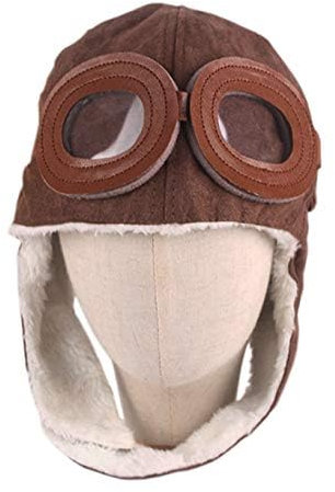 LHKJ Fliegermütze mit Brille Ohrenschützer, Pilotenmütze Vintage Warme Mütze für Kinder Frauen und Männer (Braun)