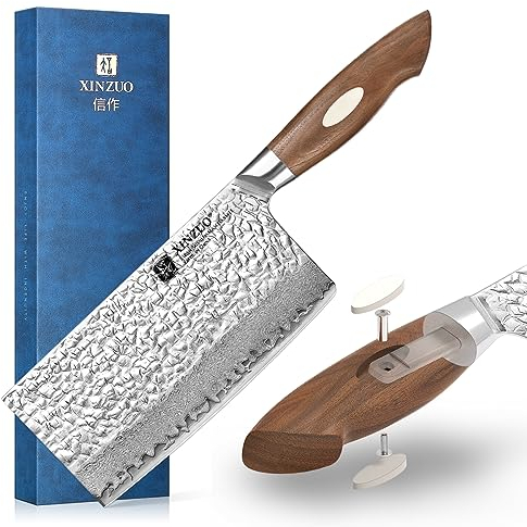 XINZUO 18.3cm Coltello a Mannaia in Acciaio di Damasco, Coltello da Cuoco Cinese Professionale Acciaio Giapponese AUS-10, Coltello da Chef Cucina Finitura Martellata -Manico in Legno di Noce Nero