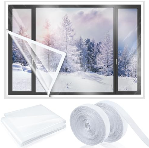 Beeveer Kit de aislamiento de ventana, película transparente cortable con correas adhesivas, plástico reutilizable para invierno, grueso, térmico, impermeable, cubierta de aislamiento de ático,