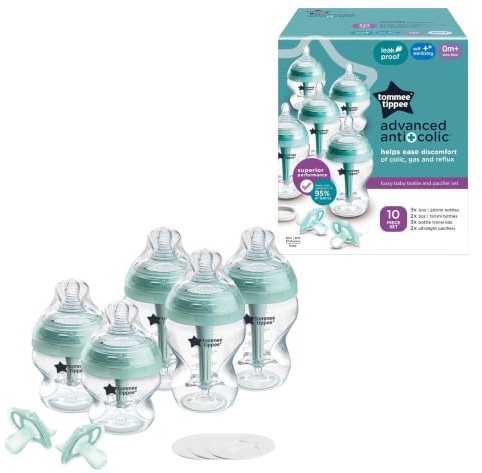 Tommee Tippee Advanced Anti-Colic 10 Piece Bottle and Pacifier Set, 5 and 9 oz BPA Free Bottles, Newborn 0+ months, Slow & Medium-Flow Breast-Like Nipples, 3 Travel Bottle Lids, 2 Ultralight Pacifiers