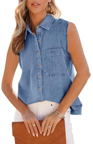 Orchidays Women's Denim Tank Top V Neck Button Down Collared Sleeveless Shirts Casual Blouse Tops