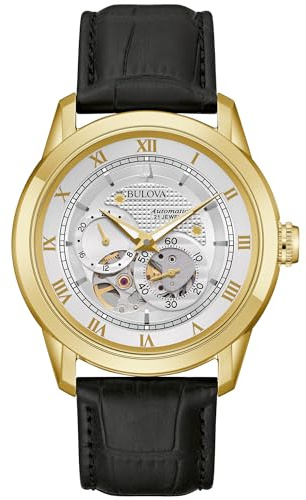 Bulova Men's Classic Sutton 4-Hand Automatic Watch with Gold Stainless Steel, Black Leather Strap,Open Aperture,Exhibition Caseback, Double Curved Mineral Crystal, 42mm (Model: 97A187)