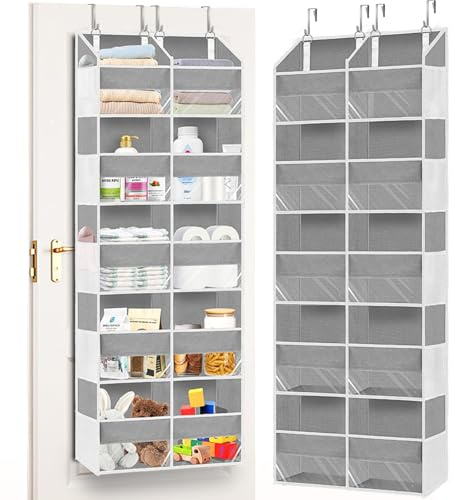 Over The Door Organizer, 5-Tier Extra Large Behind Door Storage with 10 Big Front & 10 Mesh Pockets, 80lb Capacity, Hanging Storage Organizer with Clear Window Kids Toys, Shoes, Diapers, Light Grey