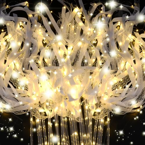 HONLYNE 28PCS Light up Wands for wedding, Wedding Wands Streamers with 3 Colorful Flashing Modes, Fairy Wands, LED Silk Fairy Wand with Bells for Wedding, New Year, Thanksgiving, Concert