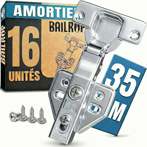 Charnière Porte Placard et Cuisine (Lot de 16) 35 mm Recouvrante 110° - Charnière porte Cuisine Avec Amortisseur - Pour Placards, Armoire et Meuble