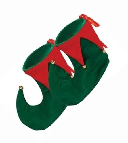 ANZEE Adults Christmas Elf Shoes With Bells - Elf Green Red Jester Pixie Boots Shoes - Santas Helper Jester Peter Pan Elf Pixie Costume Slipper Boots Shoes Xmas Unisex Fancy Dress Accessory (Green)