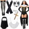 Joycabin 6 Stück Nonne Kostüm Damen, Nonne Accessoire Nonnen Kopfschmuck Kragen Handschuhe Kreuz Anhänger Kniestrümpfe Tattoo Glitzersteine Gesicht für Halloween Karneval Nonne Damen Cosplay