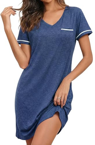 Demegimi Chemise De Nuit Femme Chemises de Nuit Courtes à Manches Courtes en Coton Ete Vetement de Nuit