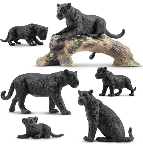 toymany 7PCS Black Jaguars Figurines with Cubs and Tree Trunk, Realistic Jungle Animals Figures Family Set, Wildlife Figure, Educational Toy Cake Toppers Christmas Birthday Gift for Kids Toddlers