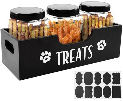 Dog Treat Container, Wood Dog Food Storage Containers with 3 Plastic Jar, Airtight Dogs Treat Jar, Pet Food Organizer for Pett Dogs and Cat