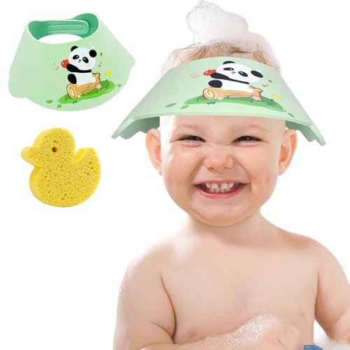 DOINEUFL 2 gorros de ducha para niños y esponja de baño, ayuda para la ducha para bebés con cierre de velcro ajustable, protección infantil, protección para ojos, oídos, nariz al lavar el pelo (verde)