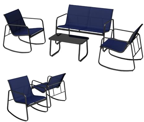 KOMFOTTEU Juego de Muebles de Bistró 4 Piezas, Conjunto de Jardín con 2 Sillas Mecedoras, 1 Sofá y 1 Mesa de Cristal, Juego de Conservación para Terraza, Patio, Balcón (Azul)