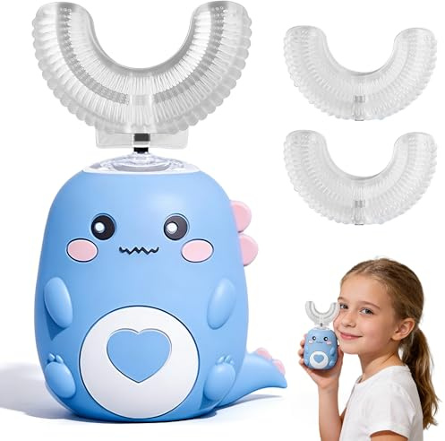 Spazzolino Elettrico Bambini 2-8 anni, NAVESO Spazzolino Sonico Bambini a forma di U con 3 Testine in Silicone, 360° Dinosauro Electric Toothbrush Bambina per Abitudini di Igiene Orale