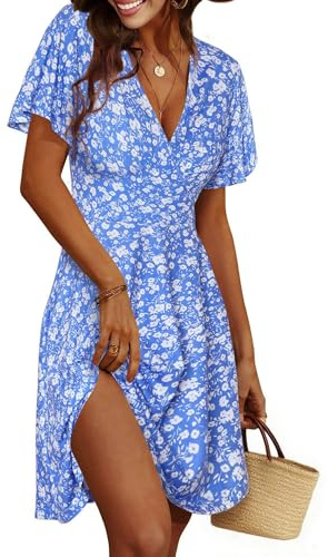 Cicy Bell Vestido de verano floral para mujer, vestido de línea A con cuello en V, manga corta, casual, playa, fiesta
