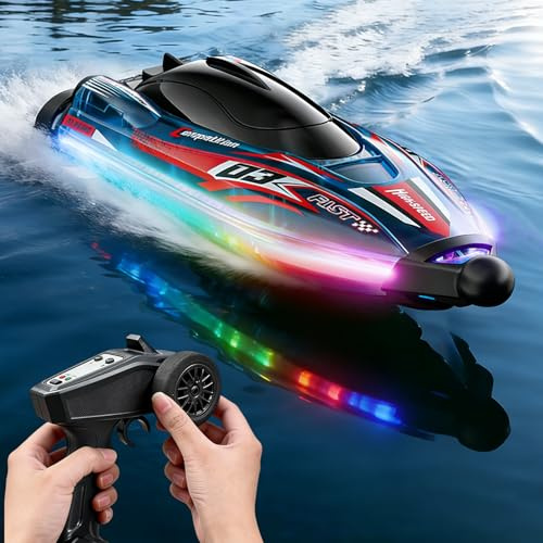 OBEST Teledirigido Barco Control Remote Brusstenless, 2,4 GHz Barco de Carreras Alta Velocidad, Boats RC con Luz Led, Impermeable y Anti-vuelco, Giro de 360° Juguete de Agua Ideal para Niños y Niñas
