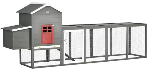 PawHut Pollaio per esterno grande in legno, 300 x 66 x 116 cm, pollaio con nido, recinto, vassoio estraibile, tetto ascalico, rampa, porta con serratura, gabbia per 3-6 galline o conigli, grigio